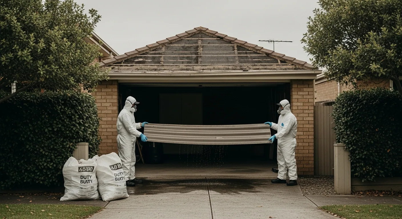 Removalists in disposable coveralls and P2 respirators lifting whole sheets off a garage roof