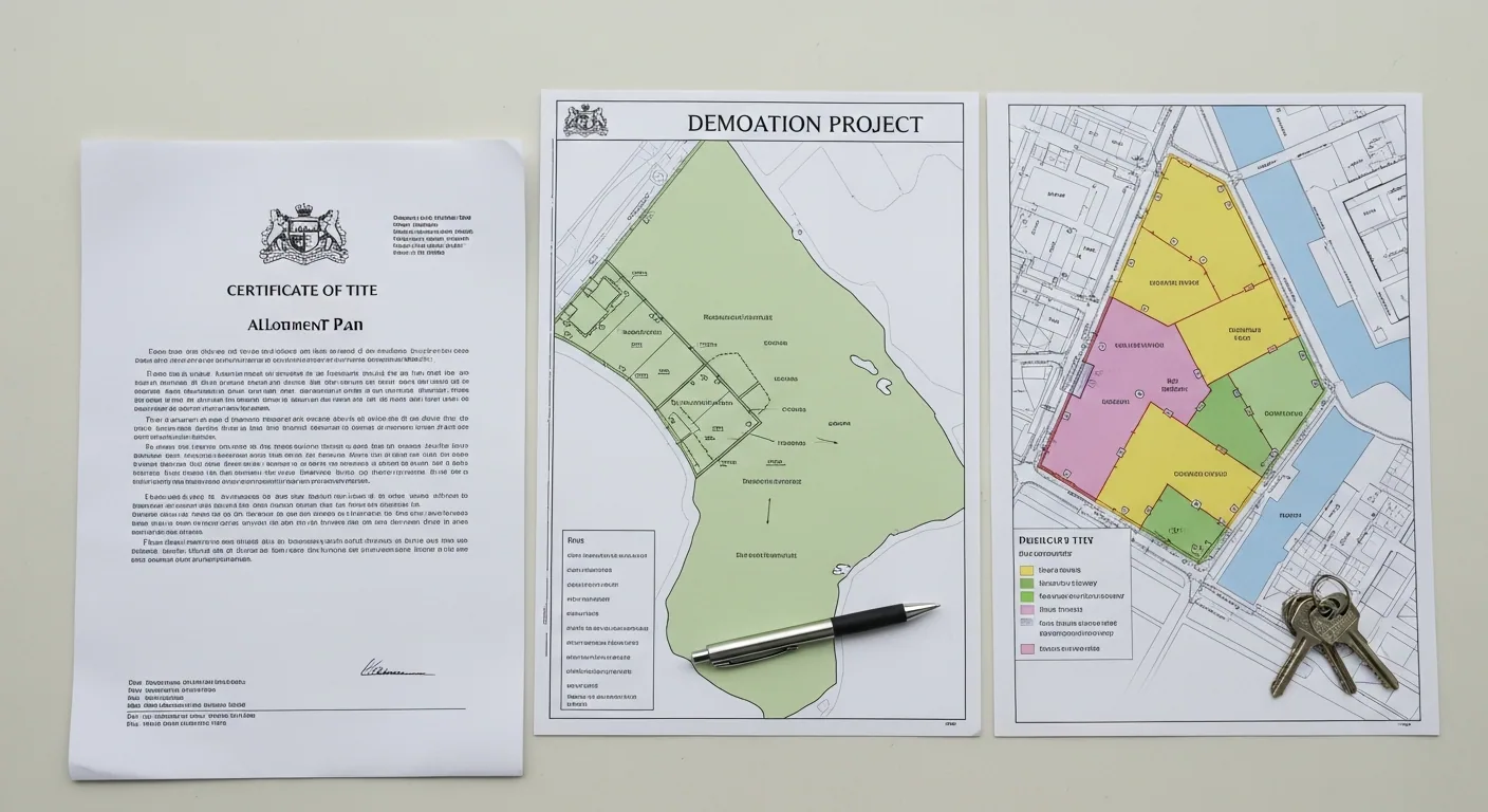 Council demolition application pack laid out: forms, a title copy and a planning overlay printout