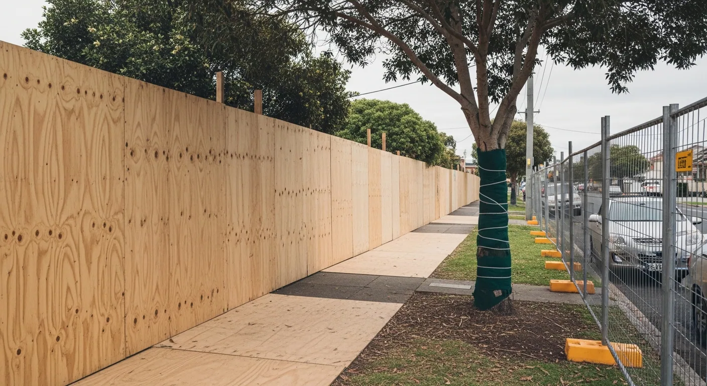 Temporary hoarding and footpath boards shielding the kerb, nature strip and a street tree