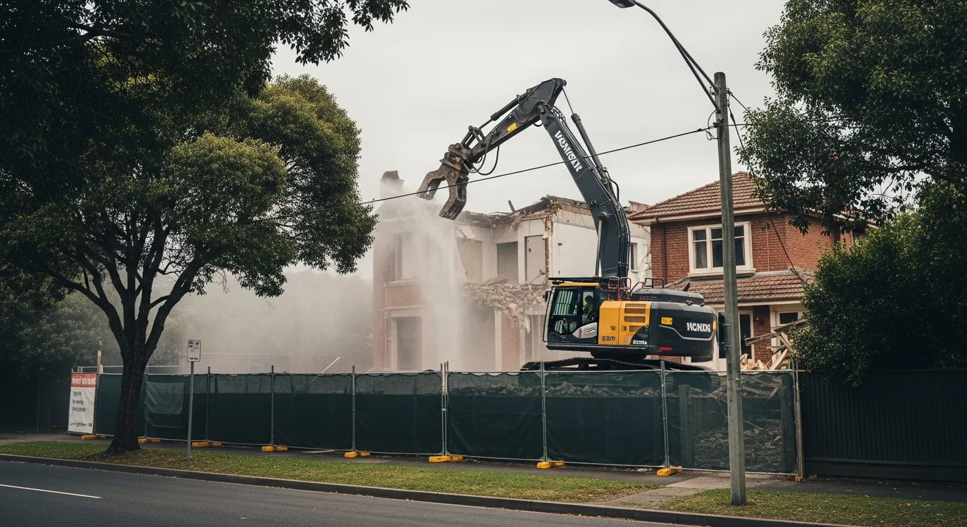 High-reach excavator taking down a double-storey brick home on a suburban Melbourne street