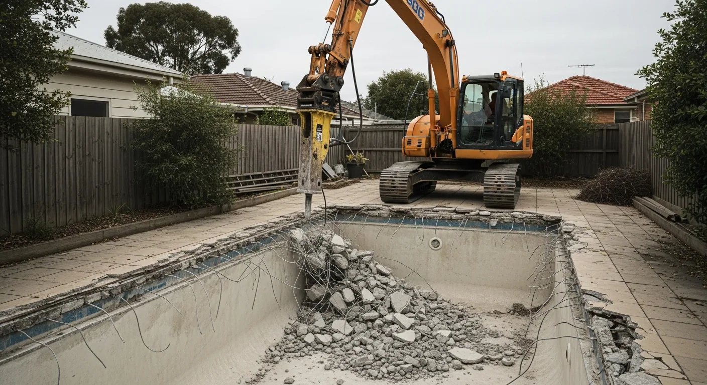 Excavator biting into the wall of a disused concrete pool in a back yard