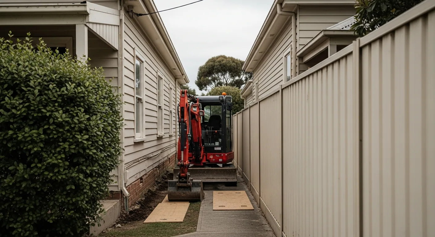 Small tracked excavator squeezing down a side path between a brick house and the fence
