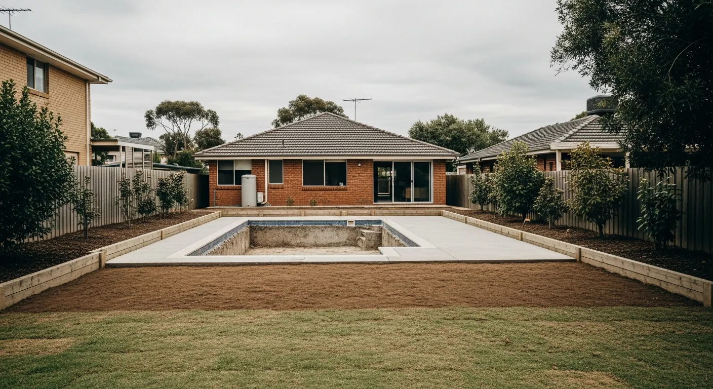 Filled and graded yard where a pool used to be, ready for topsoil and turf