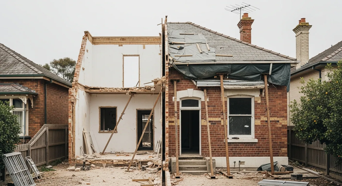 Back half of a Victorian-era house taken off, the front rooms retained and temporarily propped