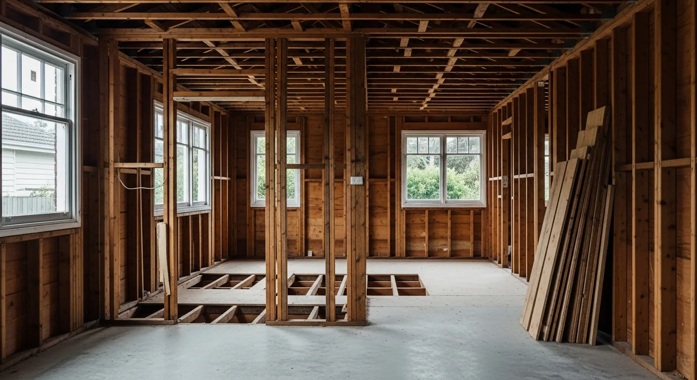 Room stripped to bare studs and ceiling joists, wiring isolated and capped